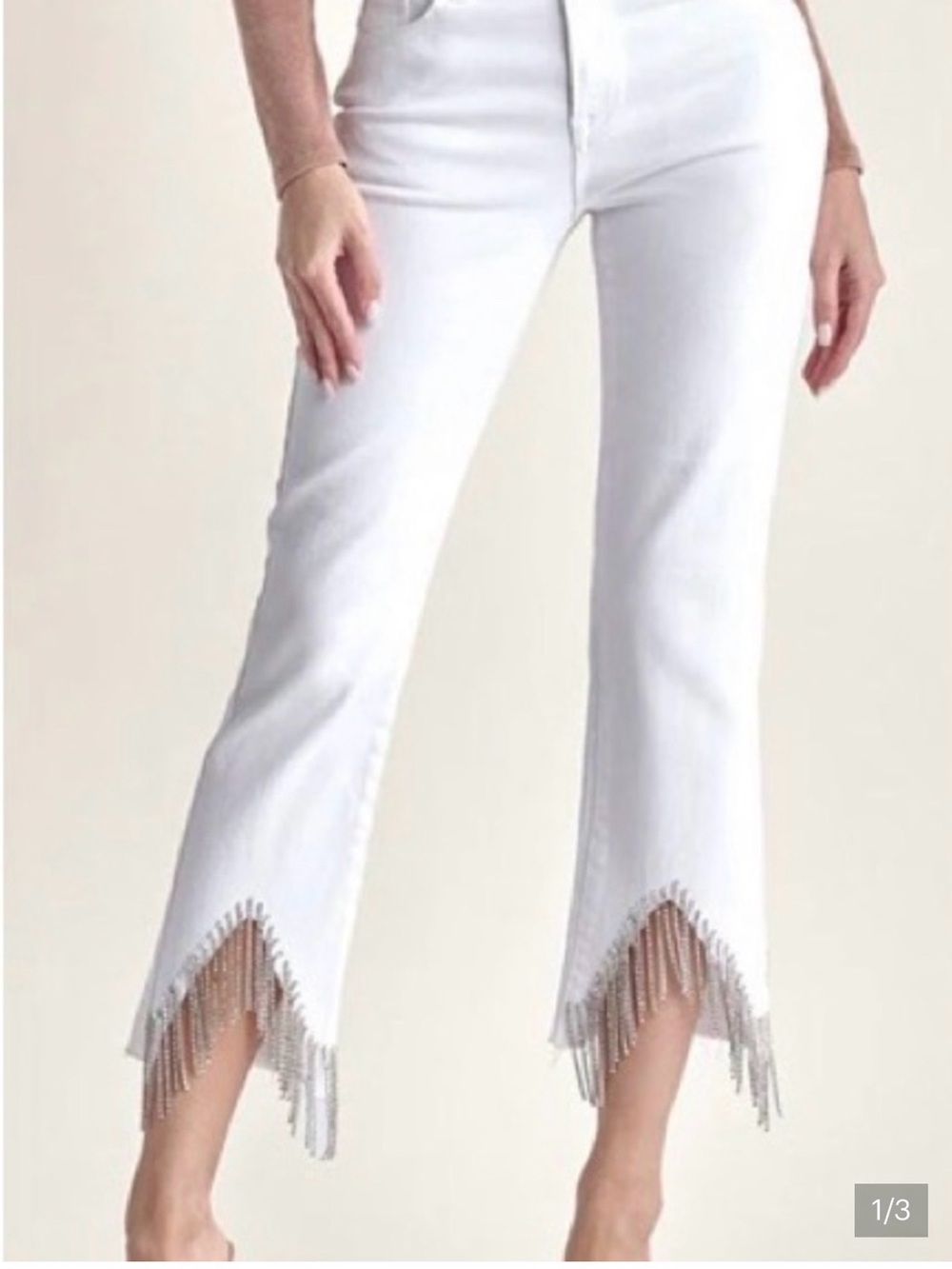NWT Risen White High Rise Rhinestone Fringe Hem Straight Leg Jeans